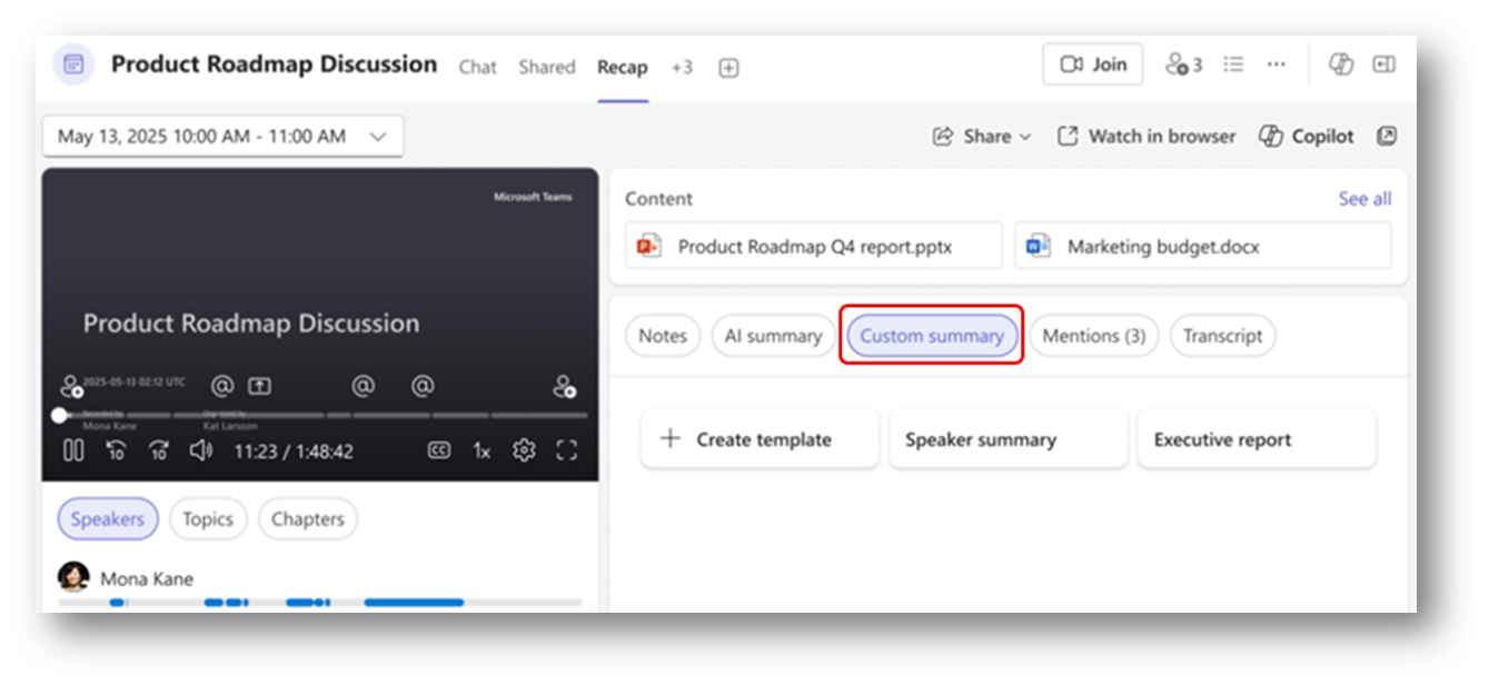 Screenshot der neuen Teams-Funktion: Besprechungszusammenfassungen in Teams