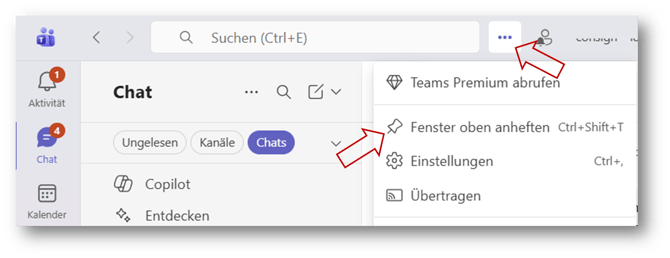 Neue Microsoft Teams-Funktion: Teams-Fenster anheften - Screenshot