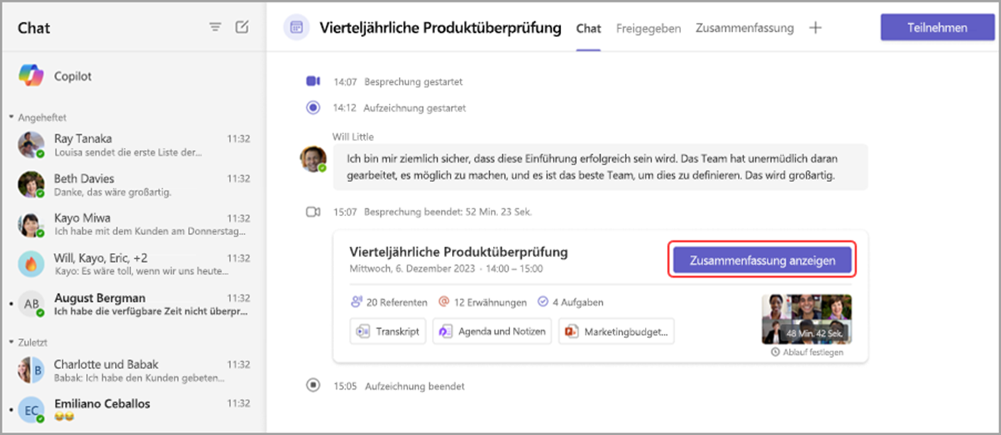 Beitragszusammenfassung anzeigen nach Teams Meetings - Bild aus Microsoft Teams